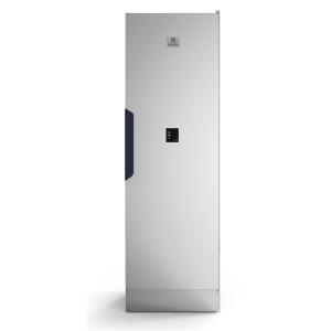 Balts apģērbu žāvēšanas skapis Electrolux DC6-4 ar vertikālu formu un melnu pogu paneli.
