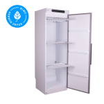 Balts apģērbu žāvēšanas skapis ar ventilācijas izvadu, 6 kg ietilpība, iekšējās plaukti un sensoru kontrole.